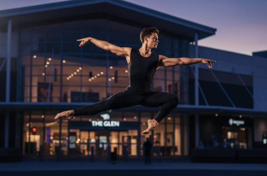 A male dancer in a powerful, mid-air leap, frozen in time against a blurred background of The Glen Shopping Centre's modern facade in Glen Waverley, exemplifying professional Glen Waverley dynamic dance photography artistry with dramatic backlighting and vibrant stage colours.