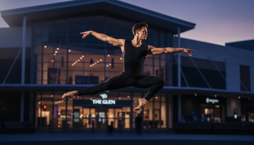 A male dancer in a powerful, mid-air leap, frozen in time against a blurred background of The Glen Shopping Centre's modern facade in Glen Waverley, exemplifying professional Glen Waverley dynamic dance photography artistry with dramatic backlighting and vibrant stage colours.