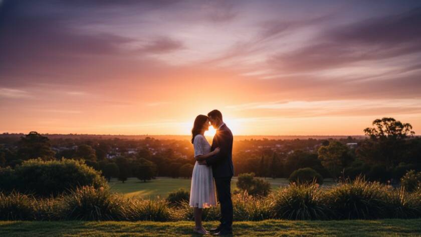 An epic moment from a Glen Waverley engagement photoshoot, featuring a couple embracing warmly at sunset in a scenic park, capturing their love with dramatic lighting and professional colour grading.