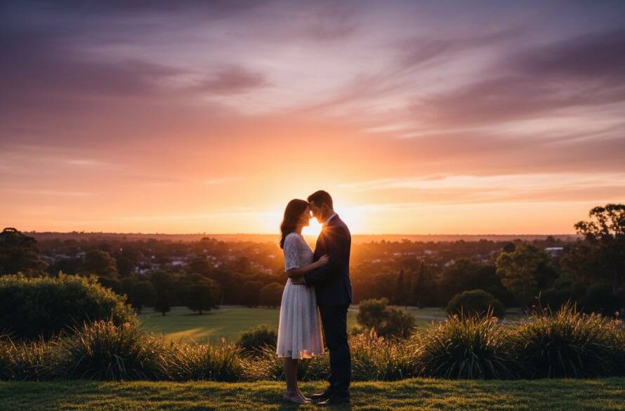 An epic moment from a Glen Waverley engagement photoshoot, featuring a couple embracing warmly at sunset in a scenic park, capturing their love with dramatic lighting and professional colour grading.