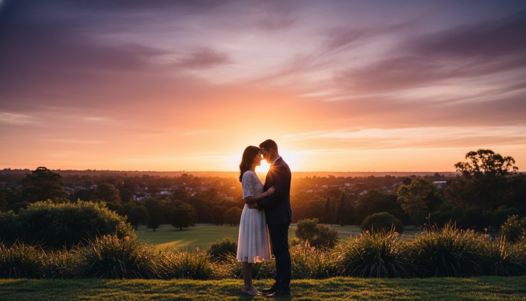 An epic moment from a Glen Waverley engagement photoshoot, featuring a couple embracing warmly at sunset in a scenic park, capturing their love with dramatic lighting and professional colour grading.