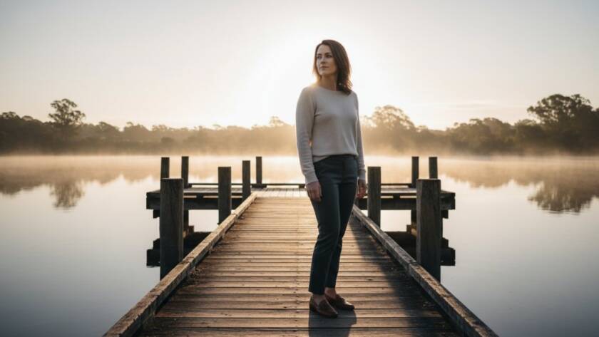 A dramatic fine art portrait from Glen Waverley Fine Art Photography Capturing Soulful Portraits, featuring a person silhouetted against a golden hour sky over a peaceful Jells Park lake, embodying a moment of deep introspection and connection.