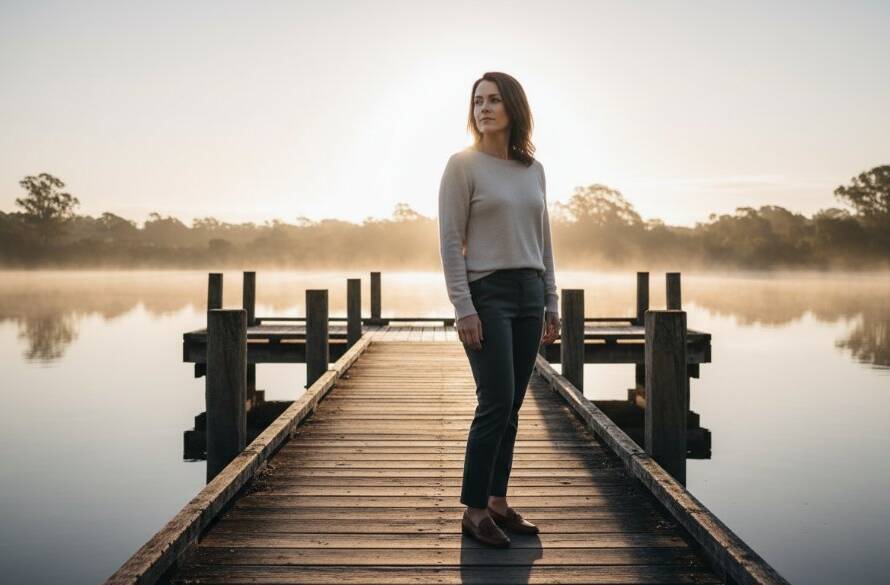 A dramatic fine art portrait from Glen Waverley Fine Art Photography Capturing Soulful Portraits, featuring a person silhouetted against a golden hour sky over a peaceful Jells Park lake, embodying a moment of deep introspection and connection.