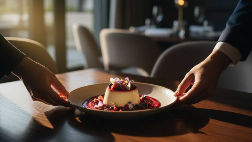 Dramatic close-up of a perfectly styled dessert, possibly a pavlova or lamington, under warm, directional studio lighting, showcasing intricate textures and vibrant colours, a hero shot for Glen Waverley food photography for local restaurants portfolio, with a soft-focus background of a bustling Glen Waverley eatery.