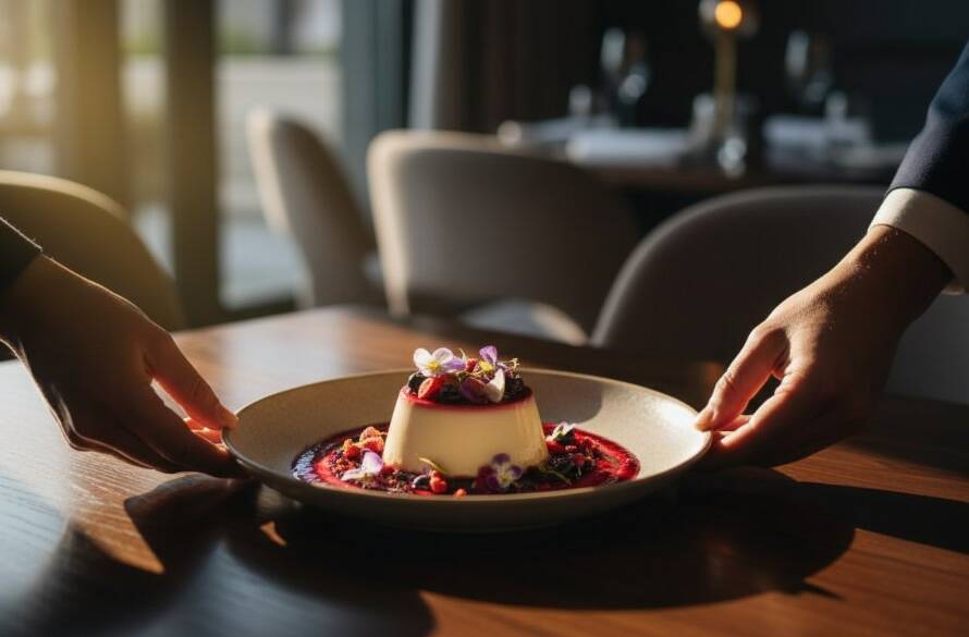 Dramatic close-up of a perfectly styled dessert, possibly a pavlova or lamington, under warm, directional studio lighting, showcasing intricate textures and vibrant colours, a hero shot for Glen Waverley food photography for local restaurants portfolio, with a soft-focus background of a bustling Glen Waverley eatery.