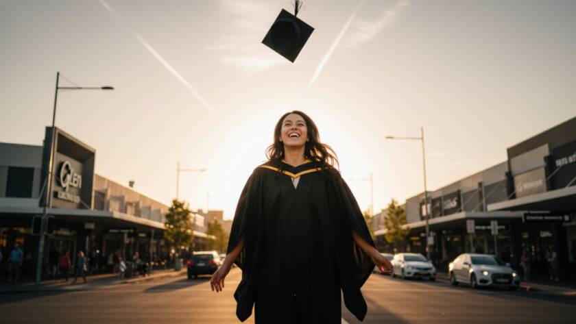 An ecstatic graduate in academic regalia throwing their cap in the air against the vibrant sunset backdrop of Glen Waverley, capturing the ultimate Glen Waverley graduation photography celebrating achievements moment with dramatic lighting.