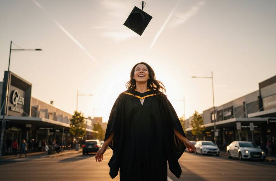 An ecstatic graduate in academic regalia throwing their cap in the air against the vibrant sunset backdrop of Glen Waverley, capturing the ultimate Glen Waverley graduation photography celebrating achievements moment with dramatic lighting.