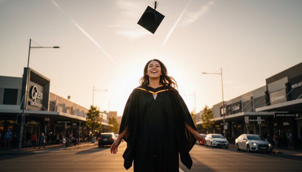 An ecstatic graduate in academic regalia throwing their cap in the air against the vibrant sunset backdrop of Glen Waverley, capturing the ultimate Glen Waverley graduation photography celebrating achievements moment with dramatic lighting.
