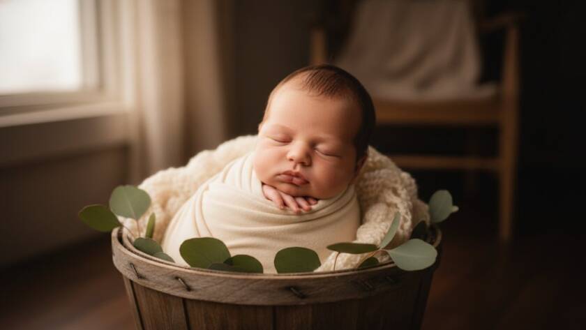 A heartwarming, 'epic moment' style photograph of a sleeping newborn baby nestled safely in a beautifully styled prop, bathed in soft, ethereal studio light, with parents' hands gently cradling, creating a serene and timeless portrait reflecting the unique Glen Waverley newborn photography custom studio experience.
