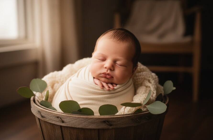 A heartwarming, 'epic moment' style photograph of a sleeping newborn baby nestled safely in a beautifully styled prop, bathed in soft, ethereal studio light, with parents' hands gently cradling, creating a serene and timeless portrait reflecting the unique Glen Waverley newborn photography custom studio experience.