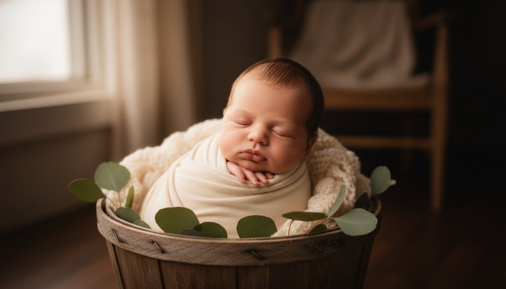 A heartwarming, 'epic moment' style photograph of a sleeping newborn baby nestled safely in a beautifully styled prop, bathed in soft, ethereal studio light, with parents' hands gently cradling, creating a serene and timeless portrait reflecting the unique Glen Waverley newborn photography custom studio experience.