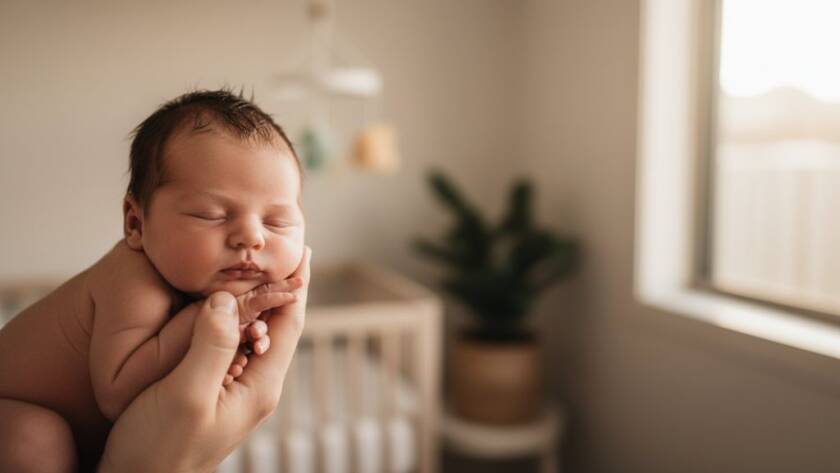 A stunning, cinematic portrait showcasing Glen Waverley Newborn Photography Joyful First Moments, featuring a baby gently held in a parent's hands, bathed in soft, ethereal light streaming through a window, with a shallow depth of field highlighting their tiny fingers and toes, evoking warmth and profound love, in a stylish home setting.
