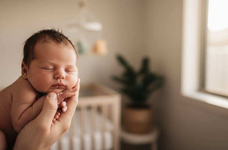 A stunning, cinematic portrait showcasing Glen Waverley Newborn Photography Joyful First Moments, featuring a baby gently held in a parent's hands, bathed in soft, ethereal light streaming through a window, with a shallow depth of field highlighting their tiny fingers and toes, evoking warmth and profound love, in a stylish home setting.