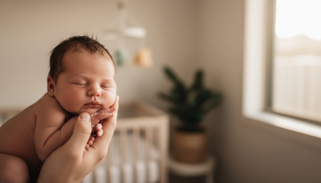 A stunning, cinematic portrait showcasing Glen Waverley Newborn Photography Joyful First Moments, featuring a baby gently held in a parent's hands, bathed in soft, ethereal light streaming through a window, with a shallow depth of field highlighting their tiny fingers and toes, evoking warmth and profound love, in a stylish home setting.