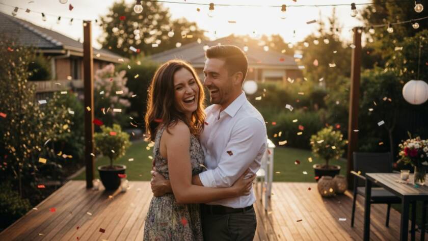 An epic moment captured during Glen Waverley party photography unforgettable moments, showing guests laughing and dancing under vibrant string lights at a bustling outdoor celebration in Victoria, expertly lit and colour graded.