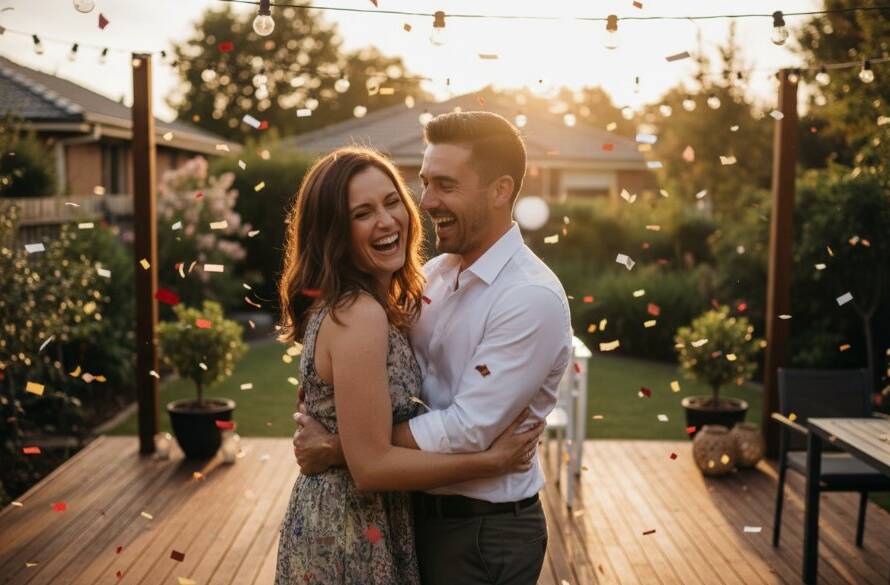 An epic moment captured during Glen Waverley party photography unforgettable moments, showing guests laughing and dancing under vibrant string lights at a bustling outdoor celebration in Victoria, expertly lit and colour graded.