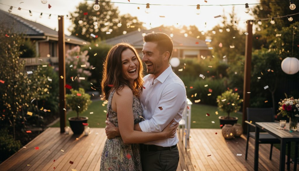 An epic moment captured during Glen Waverley party photography unforgettable moments, showing guests laughing and dancing under vibrant string lights at a bustling outdoor celebration in Victoria, expertly lit and colour graded.