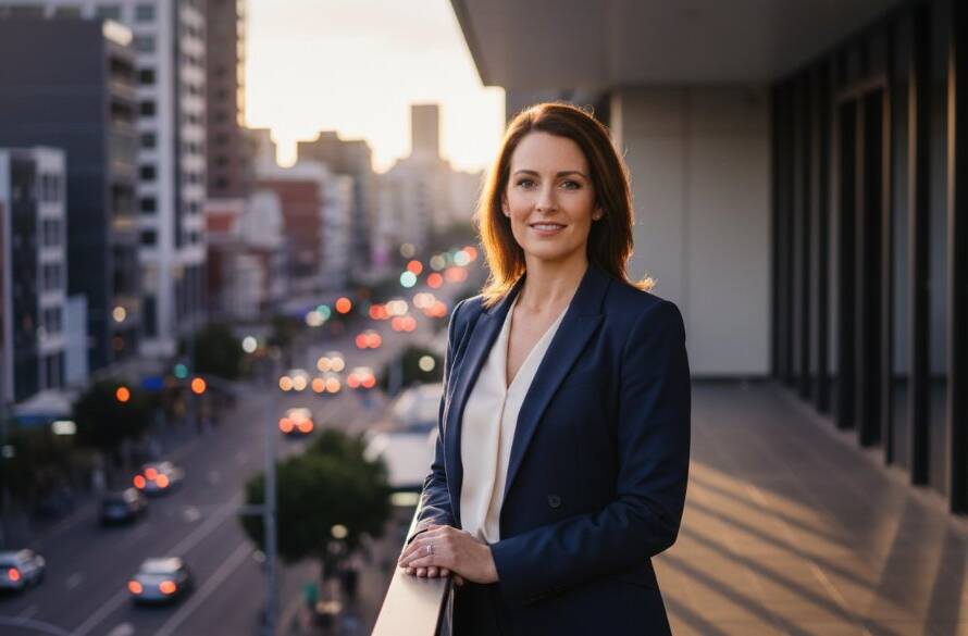 A powerful, cinematic portrait of a confident executive against a modern Glen Waverley business backdrop, capturing their leadership presence with dramatic lighting and professional colour grading. This Glen Waverley professional corporate headshots for executive branding image embodies success and professionalism.