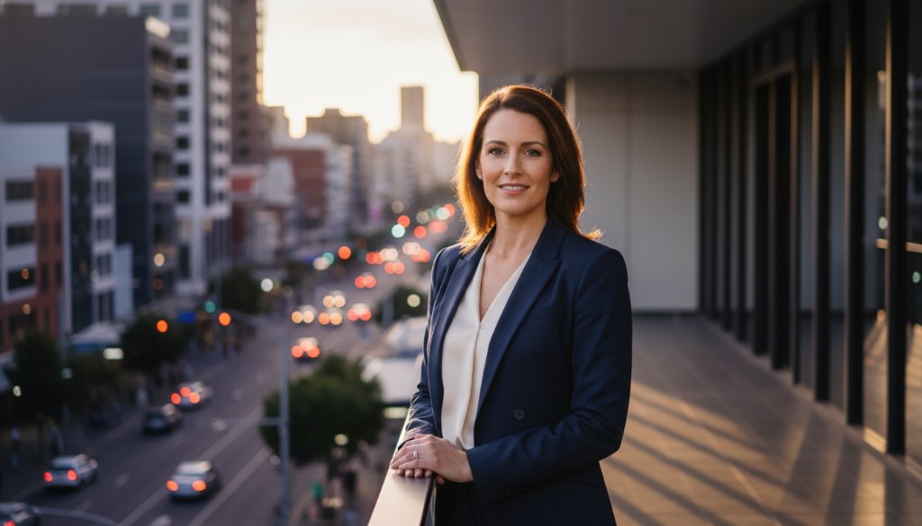 A powerful, cinematic portrait of a confident executive against a modern Glen Waverley business backdrop, capturing their leadership presence with dramatic lighting and professional colour grading. This Glen Waverley professional corporate headshots for executive branding image embodies success and professionalism.