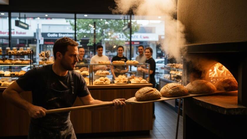 Dynamic shot of a bustling local cafe in Glen Waverley's Kingsway, featuring customers enjoying artisanal coffee and a barista expertly crafting a latte, perfectly illustrating Glen Waverley small business advertising photography, bathed in golden afternoon light, vibrant and inviting.