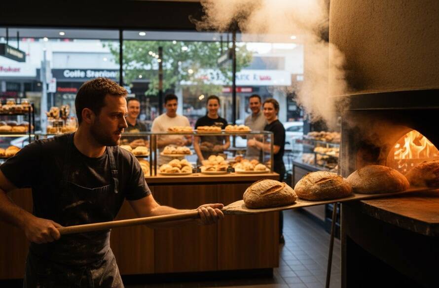Dynamic shot of a bustling local cafe in Glen Waverley's Kingsway, featuring customers enjoying artisanal coffee and a barista expertly crafting a latte, perfectly illustrating Glen Waverley small business advertising photography, bathed in golden afternoon light, vibrant and inviting.
