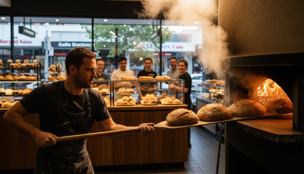 Dynamic shot of a bustling local cafe in Glen Waverley's Kingsway, featuring customers enjoying artisanal coffee and a barista expertly crafting a latte, perfectly illustrating Glen Waverley small business advertising photography, bathed in golden afternoon light, vibrant and inviting.