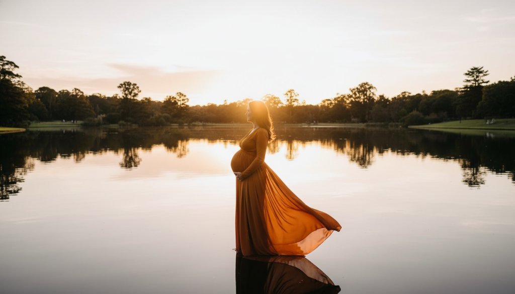 A glowing maternity photoshoot Glen Waverley scene featuring an expectant mother in a flowing gown at sunset, silhouetted against a serene natural backdrop, capturing an epic moment of serene anticipation and beauty.