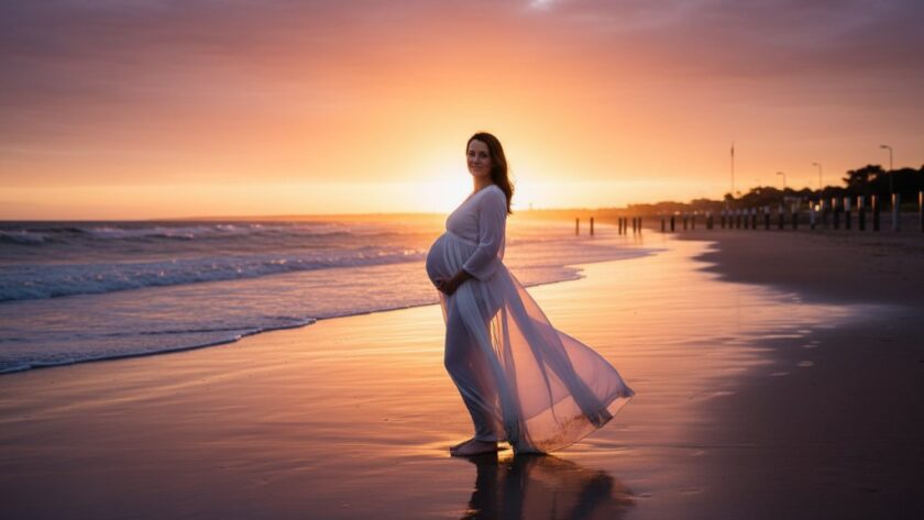 A pregnant woman, bathed in the soft glow of golden hour maternity photography Geelong, stands gracefully on a windswept beach at sunset, her silhouette framed by the dramatic sky, embodying an epic moment of anticipation.
