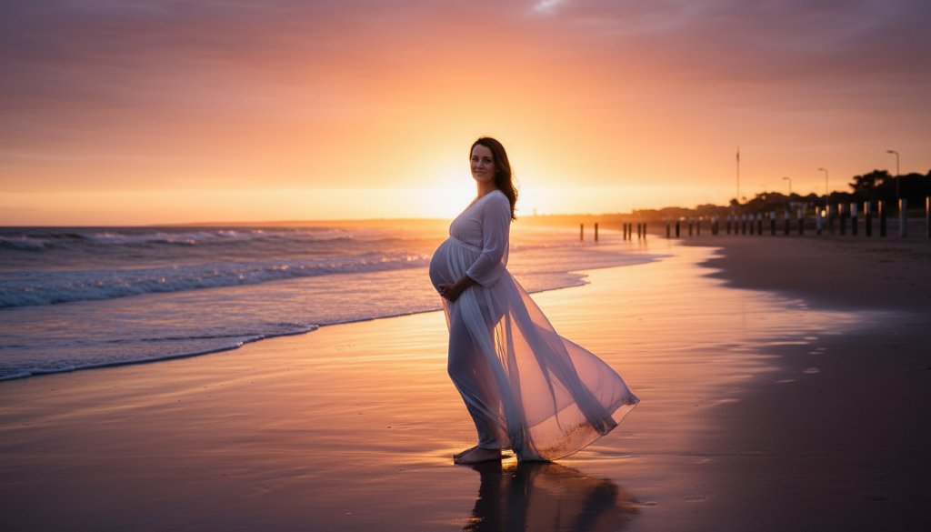 A pregnant woman, bathed in the soft glow of golden hour maternity photography Geelong, stands gracefully on a windswept beach at sunset, her silhouette framed by the dramatic sky, embodying an epic moment of anticipation.