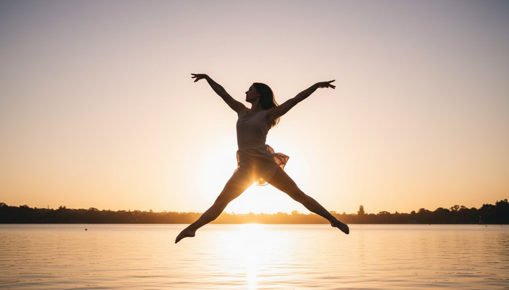 A breathtaking, professional photograph capturing a dancer in an elegant leap during a graceful dance photography Wendouree Lake sunset session, with golden hour light reflecting off the water and rich, cinematic colour grading.