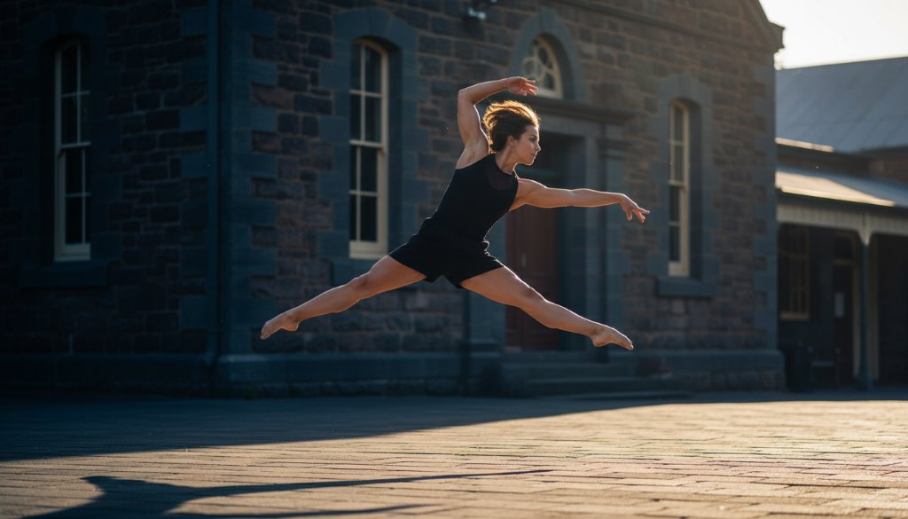 A dynamic and elegant photograph of a dancer performing an arabesque against the rustic charm of Kyneton's Bluestone Theatre, showcasing graceful Kyneton dance photography for aspiring performers with dramatic, professional lighting.