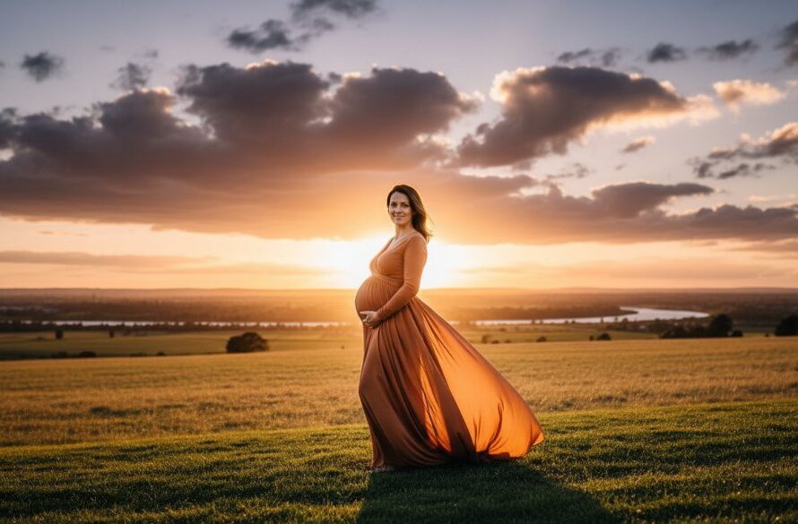 A glowing pregnant woman silhouetted against a dramatic Grovedale Victoria Maternity Photography Sunset, capturing an epic moment of serene anticipation with golden light.