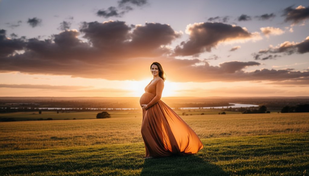 A glowing pregnant woman silhouetted against a dramatic Grovedale Victoria Maternity Photography Sunset, capturing an epic moment of serene anticipation with golden light.