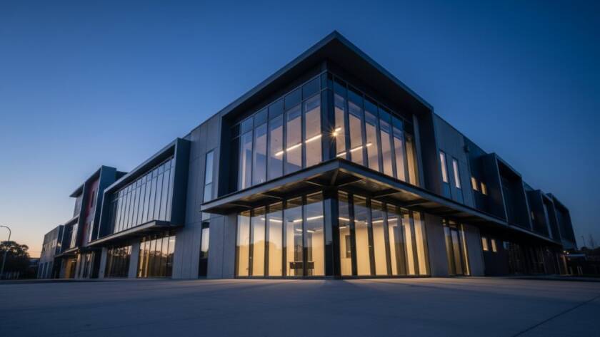 Dramatic wide-angle shot capturing the striking modern facade of a commercial building in Hallam, Victoria, at dusk, showcasing intricate architectural details and vibrant lighting against a deep blue sky, epitomizing Hallam architectural photography modern facades excellence.