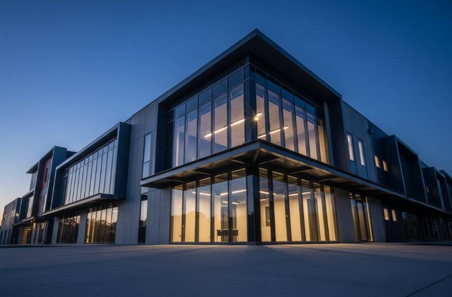 Dramatic wide-angle shot capturing the striking modern facade of a commercial building in Hallam, Victoria, at dusk, showcasing intricate architectural details and vibrant lighting against a deep blue sky, epitomizing Hallam architectural photography modern facades excellence.