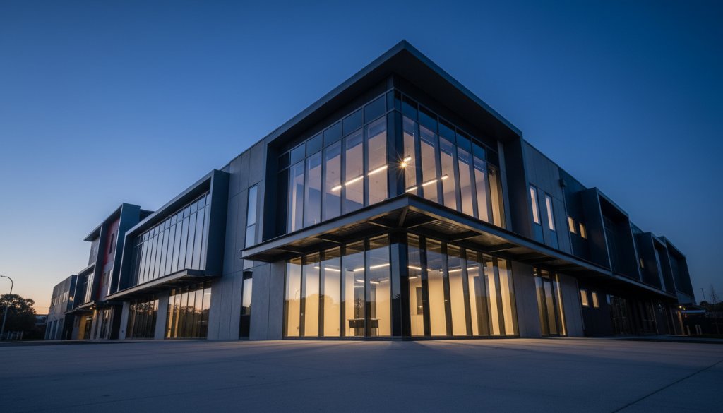 Dramatic wide-angle shot capturing the striking modern facade of a commercial building in Hallam, Victoria, at dusk, showcasing intricate architectural details and vibrant lighting against a deep blue sky, epitomizing Hallam architectural photography modern facades excellence.