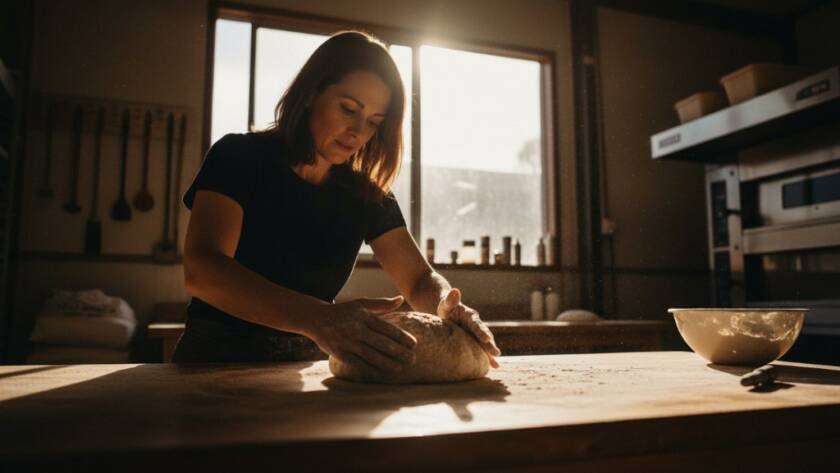 Dramatic wide shot of a local artisan in Hallam proudly showcasing a meticulously crafted product, bathed in golden hour light, reflecting the excellence of Hallam business product photography Victoria.