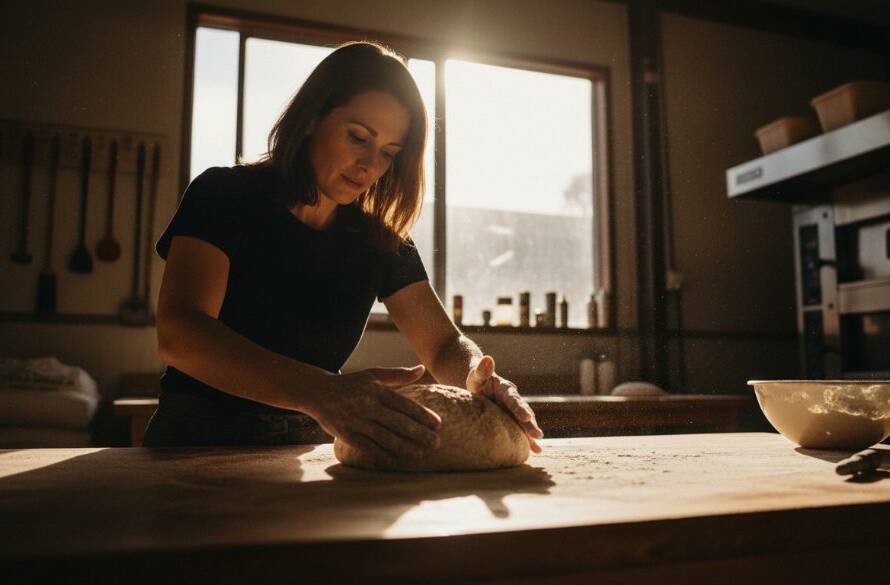 Dramatic wide shot of a local artisan in Hallam proudly showcasing a meticulously crafted product, bathed in golden hour light, reflecting the excellence of Hallam business product photography Victoria.