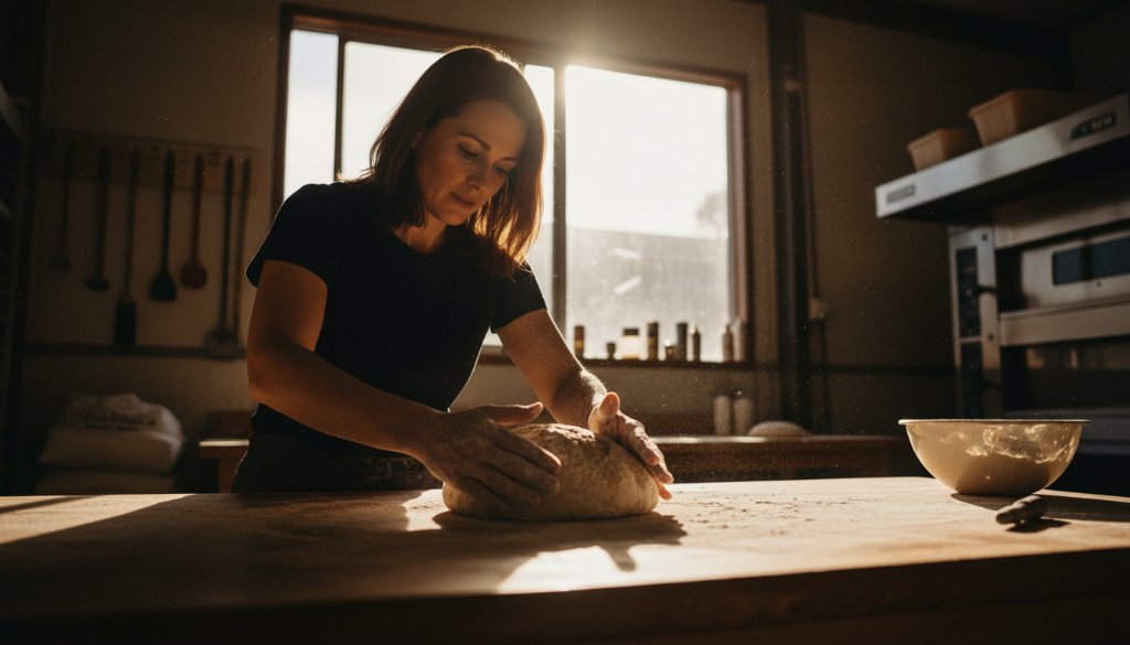 Dramatic wide shot of a local artisan in Hallam proudly showcasing a meticulously crafted product, bathed in golden hour light, reflecting the excellence of Hallam business product photography Victoria.