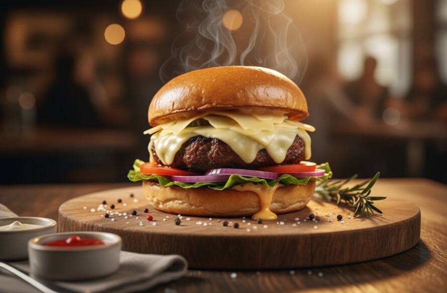 A vibrant, professionally styled shot showcasing Hallam cafe menu food photography expertise, with a beautifully plated dish under dramatic spot lighting, steam rising, captured in an epic, mouth-watering moment.