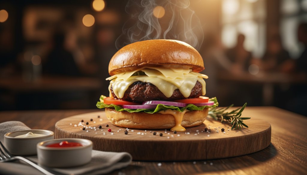 A vibrant, professionally styled shot showcasing Hallam cafe menu food photography expertise, with a beautifully plated dish under dramatic spot lighting, steam rising, captured in an epic, mouth-watering moment.