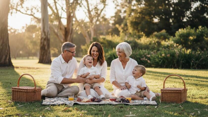 A heartwarming wide shot of a multi-generational family laughing joyously together in a sun-dappled Hallam park, exemplifying Hallam candid photography capturing genuine smiles and authentic connections.