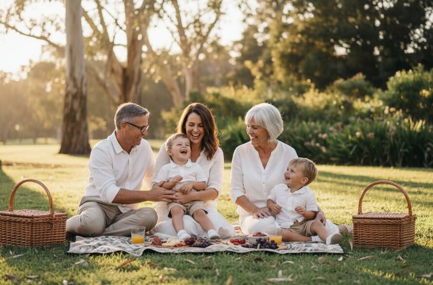 A heartwarming wide shot of a multi-generational family laughing joyously together in a sun-dappled Hallam park, exemplifying Hallam candid photography capturing genuine smiles and authentic connections.