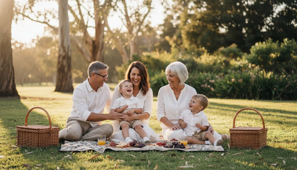 A heartwarming wide shot of a multi-generational family laughing joyously together in a sun-dappled Hallam park, exemplifying Hallam candid photography capturing genuine smiles and authentic connections.