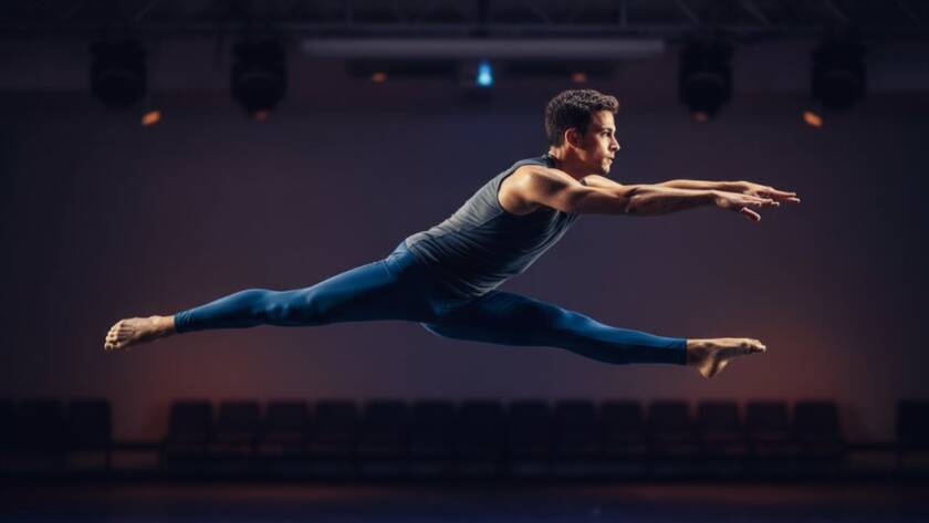 A breathtaking, high-energy studio shot in Hallam, Victoria, showcasing Hallam dance photography capturing movement, with a dancer mid-air in a dramatic leap, illuminated by powerful stage-like lighting and a professionally color-graded finish.
