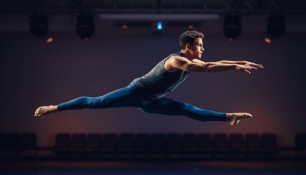 A breathtaking, high-energy studio shot in Hallam, Victoria, showcasing Hallam dance photography capturing movement, with a dancer mid-air in a dramatic leap, illuminated by powerful stage-like lighting and a professionally color-graded finish.