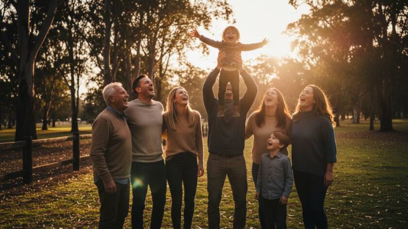 An epic moment of a joyful Hallam family photography capturing authentic moments, with parents laughing as their child runs through a golden-hour field in Hallam, Victoria, silhouetted against a vibrant sunset sky, professionally colour-graded.