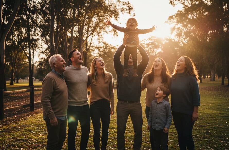 An epic moment of a joyful Hallam family photography capturing authentic moments, with parents laughing as their child runs through a golden-hour field in Hallam, Victoria, silhouetted against a vibrant sunset sky, professionally colour-graded.