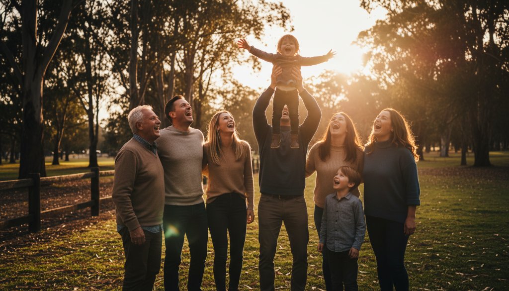 An epic moment of a joyful Hallam family photography capturing authentic moments, with parents laughing as their child runs through a golden-hour field in Hallam, Victoria, silhouetted against a vibrant sunset sky, professionally colour-graded.