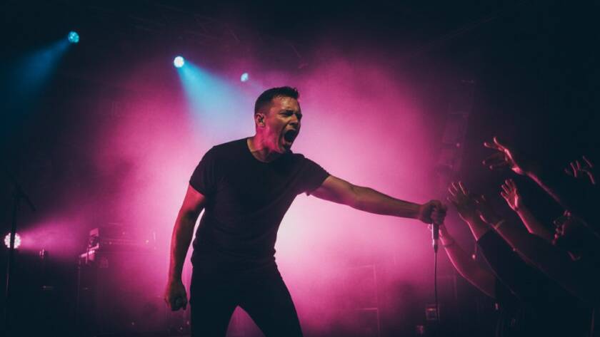 Dynamic photo of a lead singer bathed in dramatic stage lighting, mid-performance, capturing raw energy at a Hallam live gig. The crowd is a blur of motion in the background, highlighting the intense connection between artist and audience.